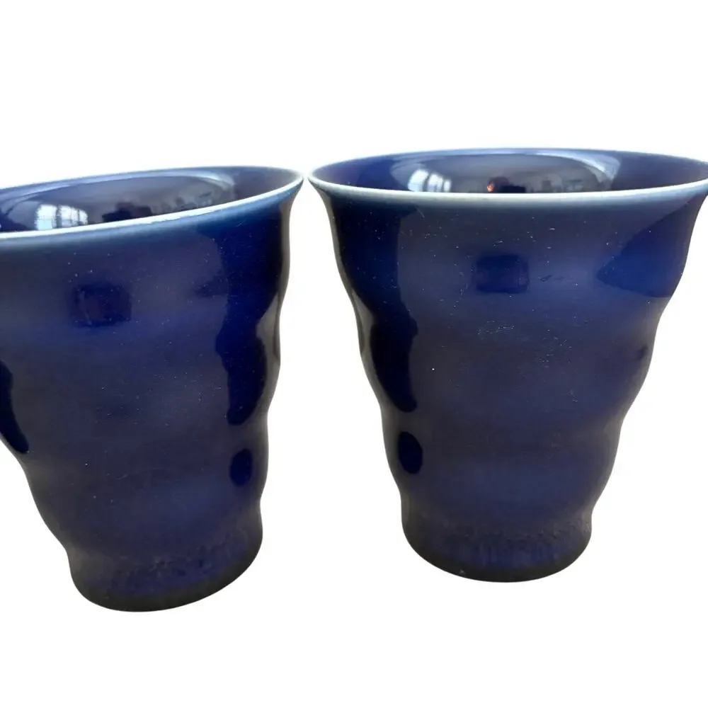LOT 4 Boda Nova Sweden Blue Ribbed Tapered Ceramic Drinking Glasses 90s Y2K